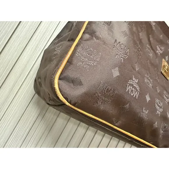 MCM Visetos Nylon Leather Logo Shoulder Tote Bag Brown Large Chain Straps - Picture 6 of 16